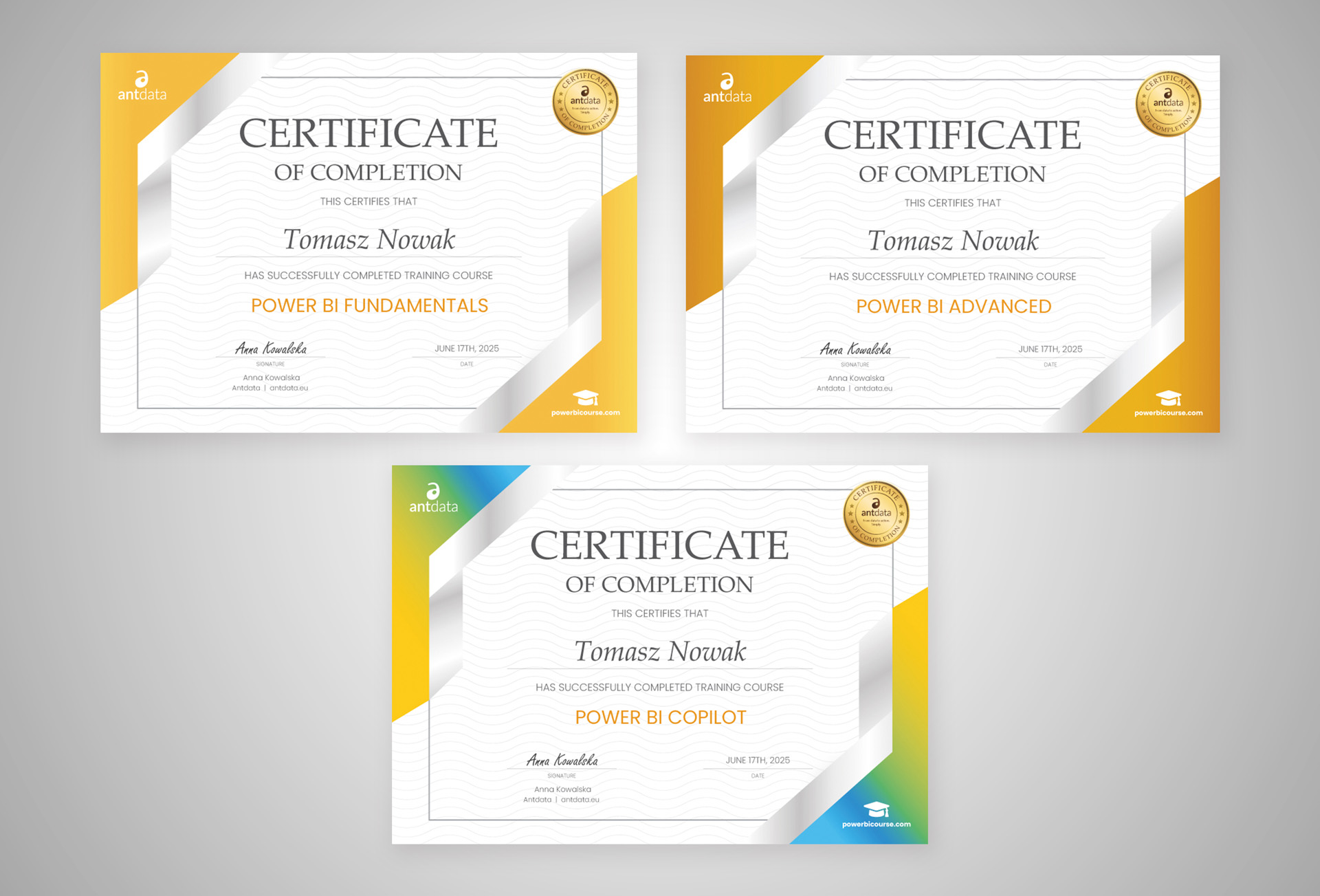 Certyfikaty ukończenia szkoleń Power BI Fundamentals, Power BI Advanced i Power BI Copilot